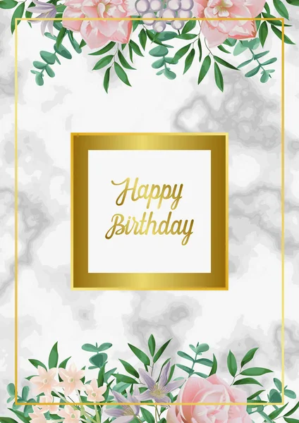 Luxe Happy Birthday kaart met roze bloemen op wit marmer — Stockvector