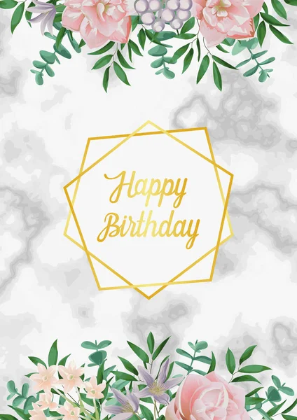 Luxe Happy Birthday kaart met roze bloemen op wit marmer — Stockvector