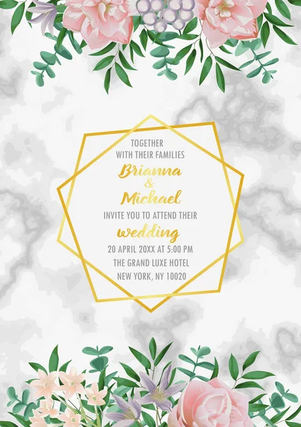 Invitación de boda con marco geométrico, flores y vegetación — Vector de stock