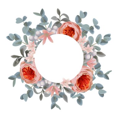 Şablon tebrik kartı okaliptüs, çiçek ve yuvarlak çerçeve