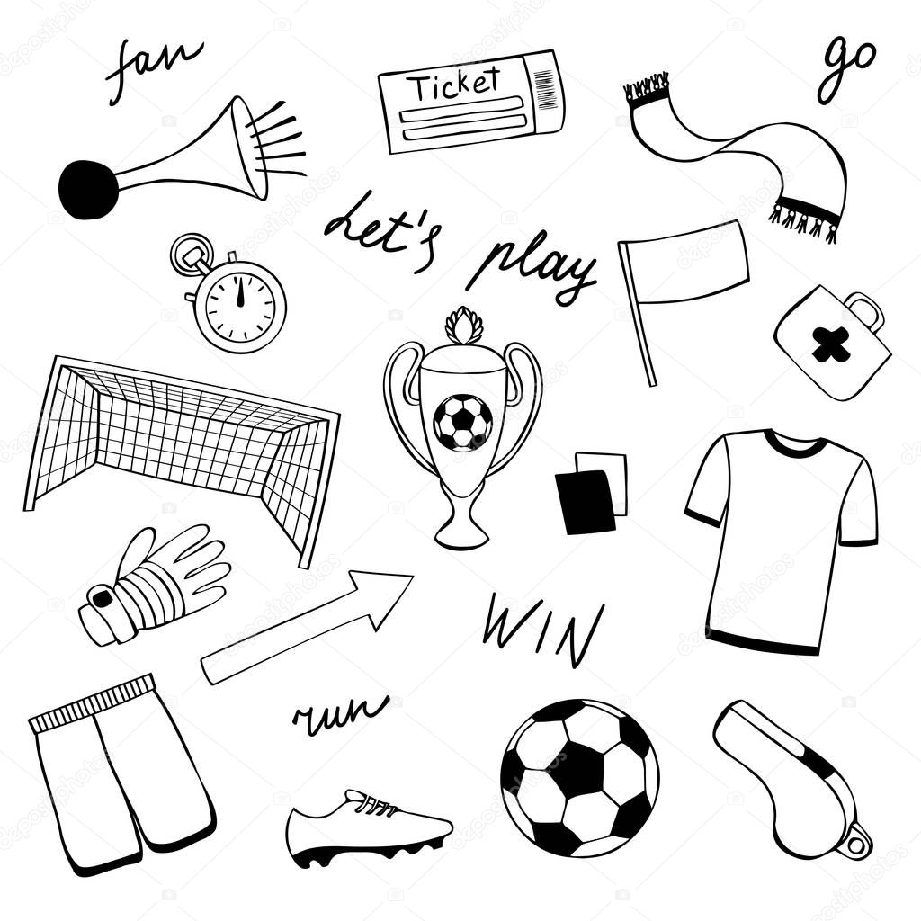 Football Doodle Objects And Lettering Set Sport Hand Drawn Outline Pattern Words And Phrases Soccer Coloring Page Premium Vector In Adobe Illustrator Ai Ai Format Encapsulated Postscript Eps Eps Format