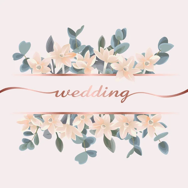Invitación de boda con eucalipto y flores — Vector de stock