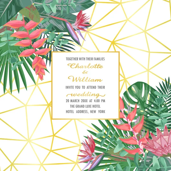 Tropische bruiloft uitnodiging op geometrische achtergrond — Stockvector