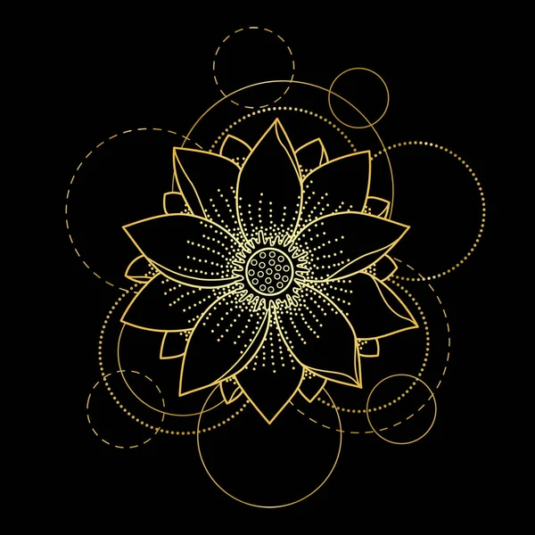 黑色背景的莲花和圆圈纹身 — 图库矢量图片