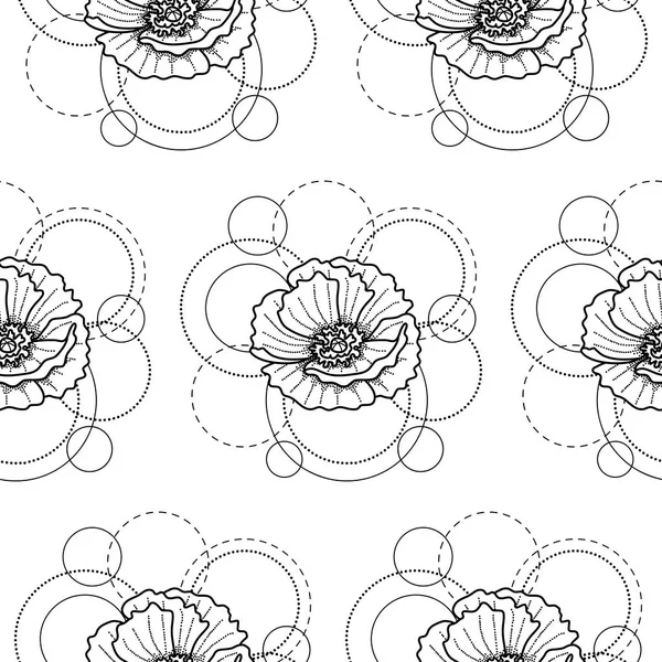 Seamless pattern with poppy and circles on white background — Stock Vector