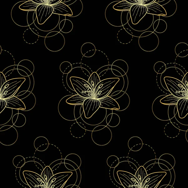 Nahtloses Muster mit Goldlilie und Kreisen auf schwarzem Hintergrund — Stockvektor