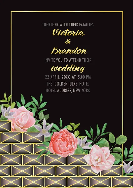 Invitación de boda con Geométrico Elemetns, Flores y Verdor — Vector de stock