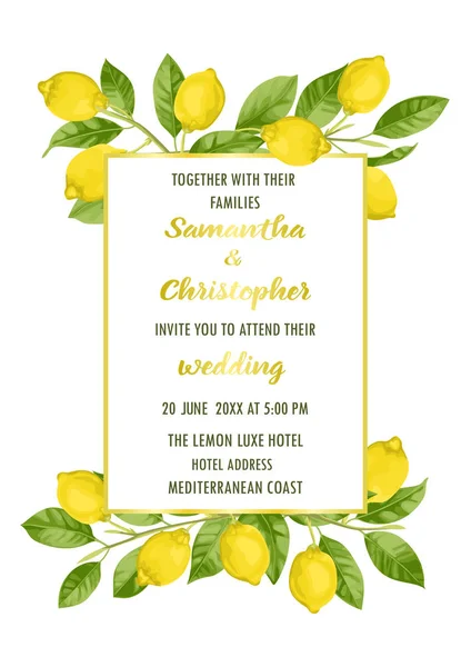 Tarjeta de invitación de boda con Brunches de limón — Vector de stock