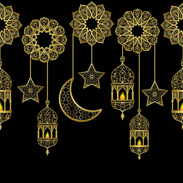 Lanterne arabe dorée bordure sans couture — Image vectorielle