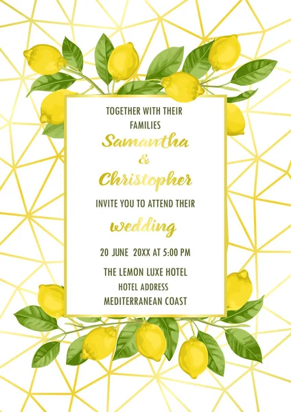 Tarjeta de invitación de boda de lujo con Brunches de limón — Vector de stock