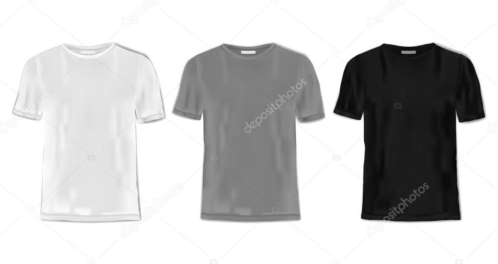 T-shirt template set on white background. Black, gray and white shirts for branding, textile print mock ups and logo.