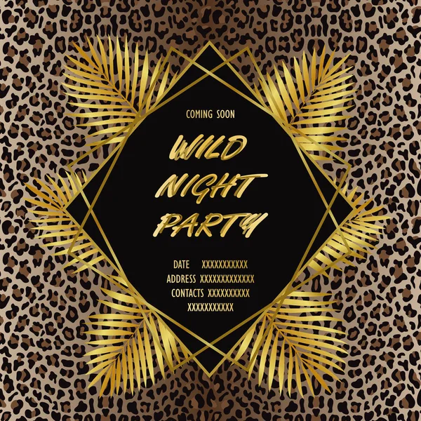 Tarjeta de invitación Wild Party de lujo con estampado de leopardo y hojas de palma dorada — Vector de stock