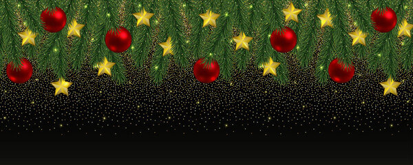 Christmas and New Year Web Banner with Glitter and Fir Tree