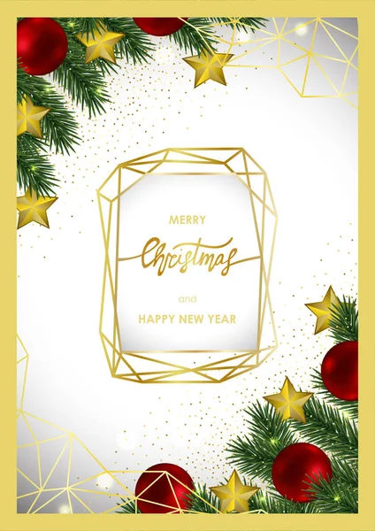 Tarjeta de Navidad y Año Nuevo con marco geométrico de oro — Vector de stock