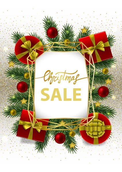 Carte de vente de Noël avec cadre géométrique en or — Image vectorielle