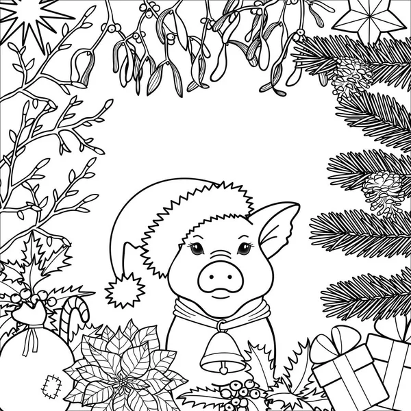Zimowe wakacje kolorowanki symbol świnia 2019 — Wektor stockowy