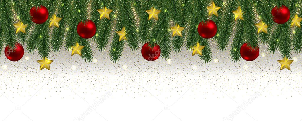 Christmas and New Year Web Banner with Glitter and Fir Tree