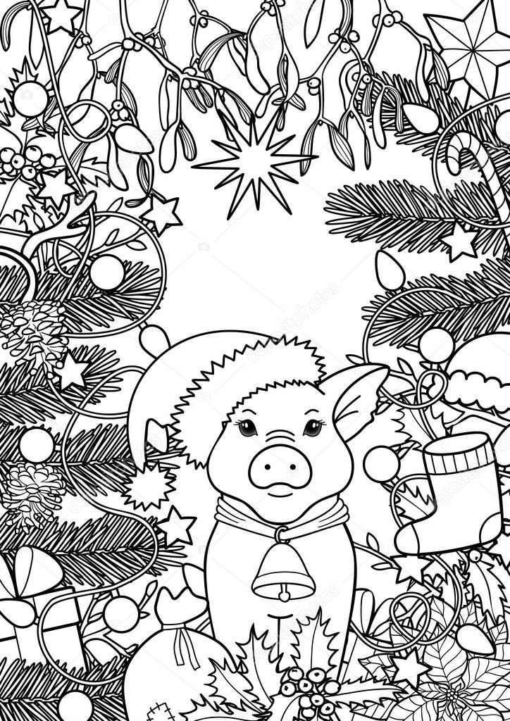 Winter Holiday Coloring Page with Pig symbol 2019