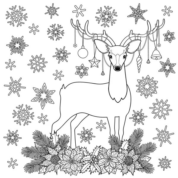 Рождественский олень зимний праздник Окраска страницы — стоковый вектор