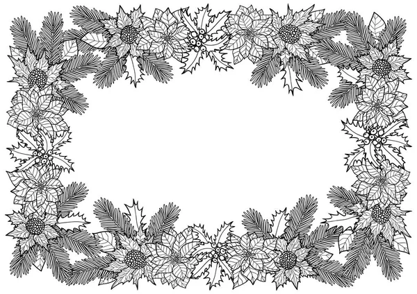 Cadre à colorier d'hiver avec sapin et fleurs — Image vectorielle