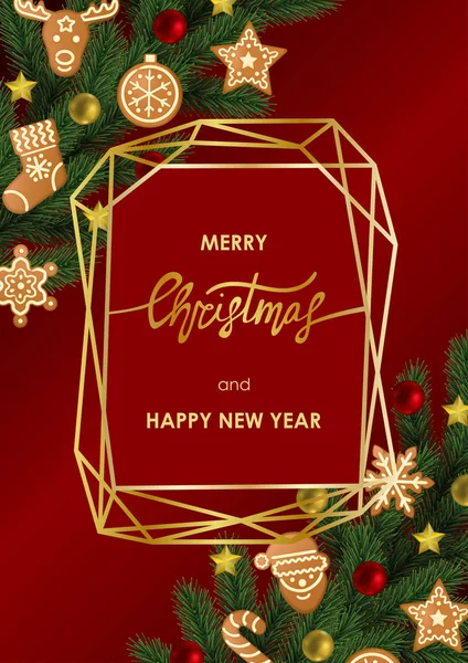 Tarjeta de felicitación de Navidad y Año Nuevo con marco geométrico — Vector de stock