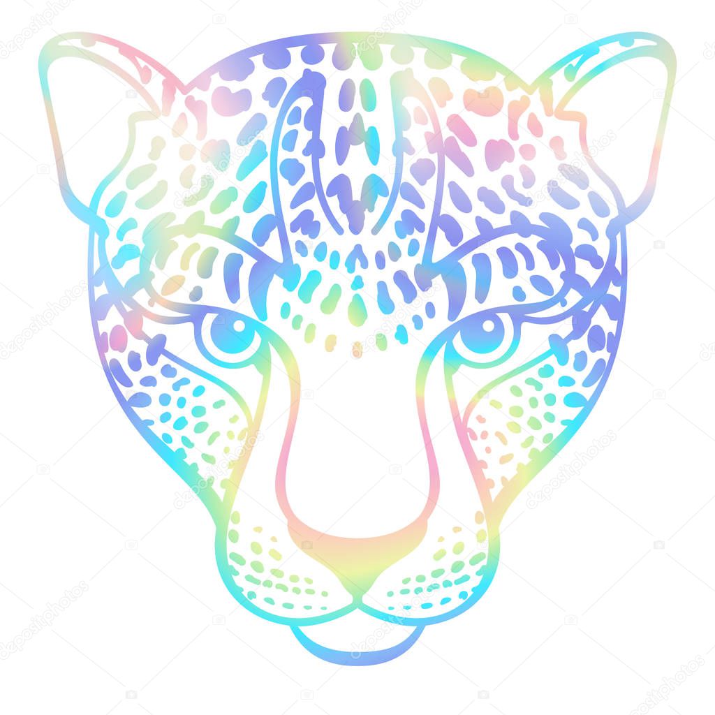 Neon Leopard T-shirt fashion print isolated on white background. Holographic modern animal pattern for tshirt and apparel graphics, posters, prints.