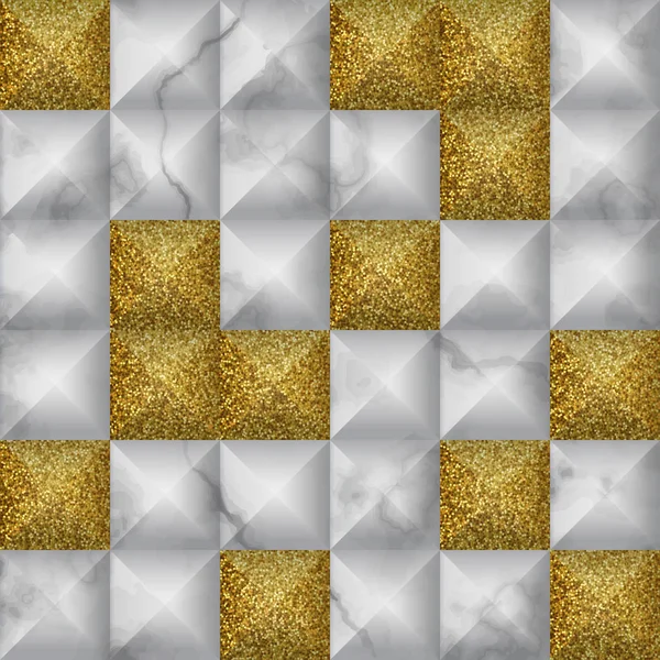 Marbre Blanc Avec Effet Géométrique Volumétrique Tuile Répétée Paillettes Dorées — Image vectorielle