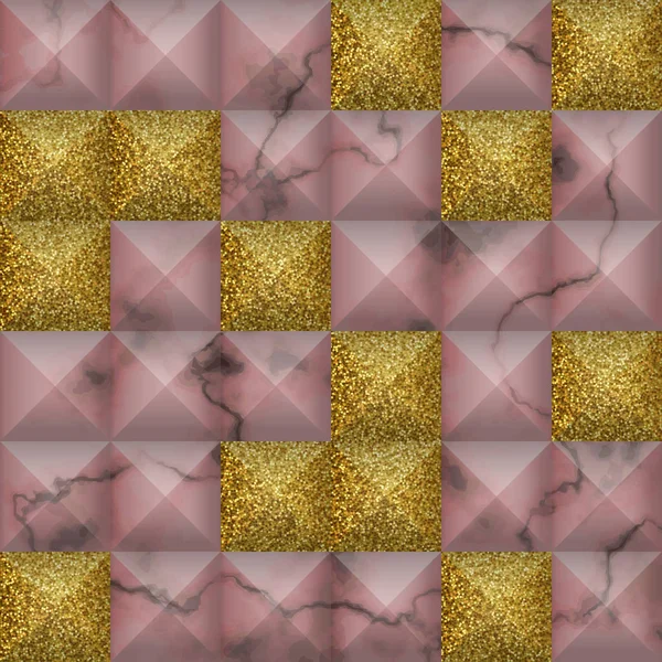 Marbre Rose Avec Effet Géométrique Volumétrique Tuile Répétée Paillettes Dorées — Image vectorielle
