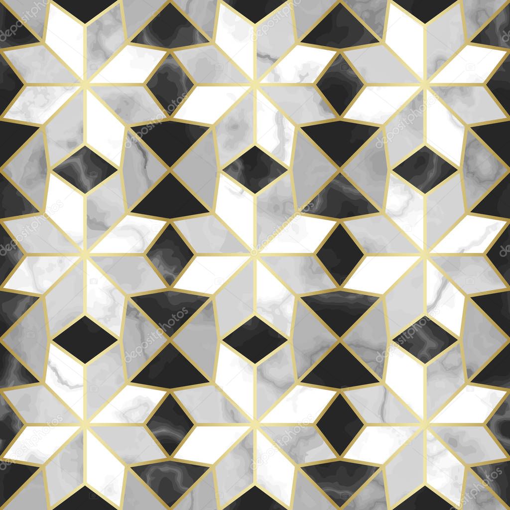 Luxury marble star sign seamless pattern. Repeat marbling surface with gold decor, modern luxurious background, wallpaper, textile print and tile.