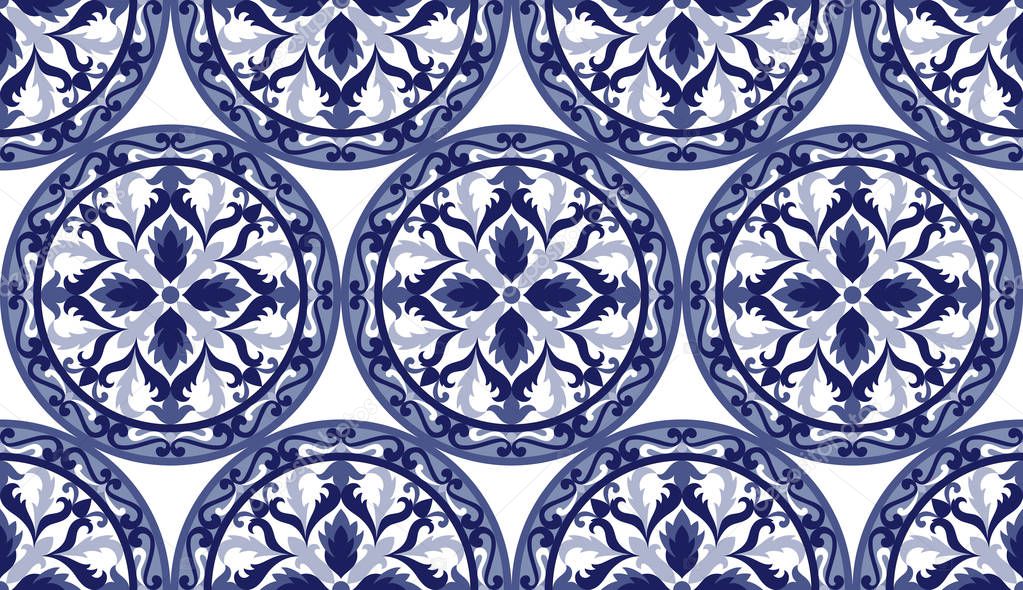 Vector mosaic classic blue and white seamless pattern. Abstract floral round repeat medallion background for interior decoration, ceramic tile, textile prints.