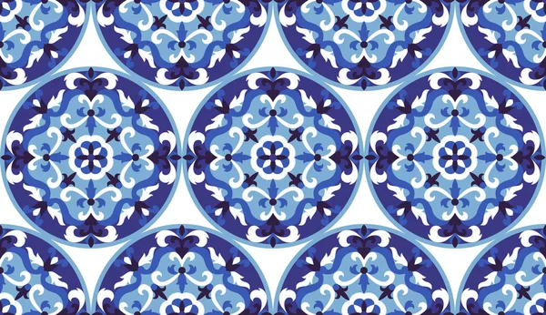 Vector Mosaico Clásico Azul Blanco Patrón Sin Costuras Fondo Medallón — Vector de stock