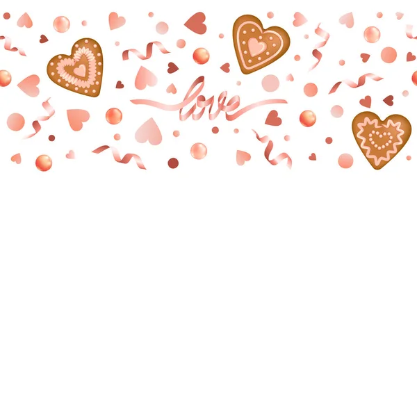 Beyaz Arka Plan Üzerinde Gingerbread Ile Sorunsuz Sınır Sevgi Kalpleri — Stok Vektör