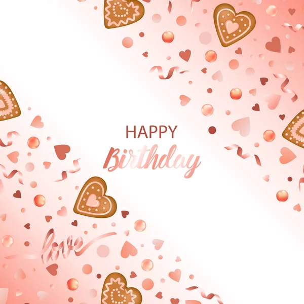 Tarjeta Cumpleaños Feliz Con Corazones Jengibre Sobre Fondo Blanco Plantilla — Vector de stock