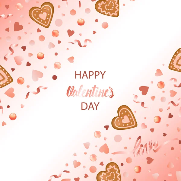 Happy Valentines Day Card Gingerbread Hearts White Background Holiday Template — Stock Vector