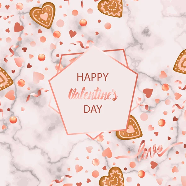 Happy Valentines Day Card Gingerbread Hearts Marble Background Holiday Template — Stock Vector