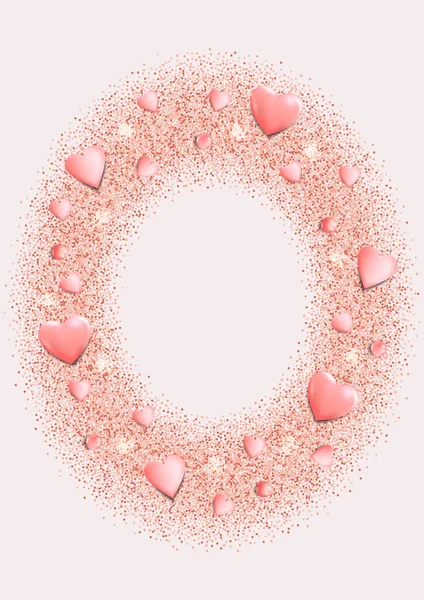 Romantic Pink Hearts and Glitter Oval Frame — Stock Vector