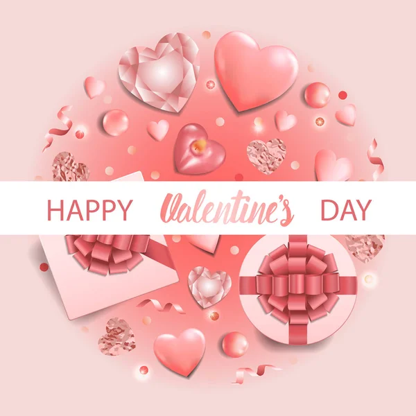 Happy Valentines Day Pink Greeting Card with Romantic Pattern — Stock Vector