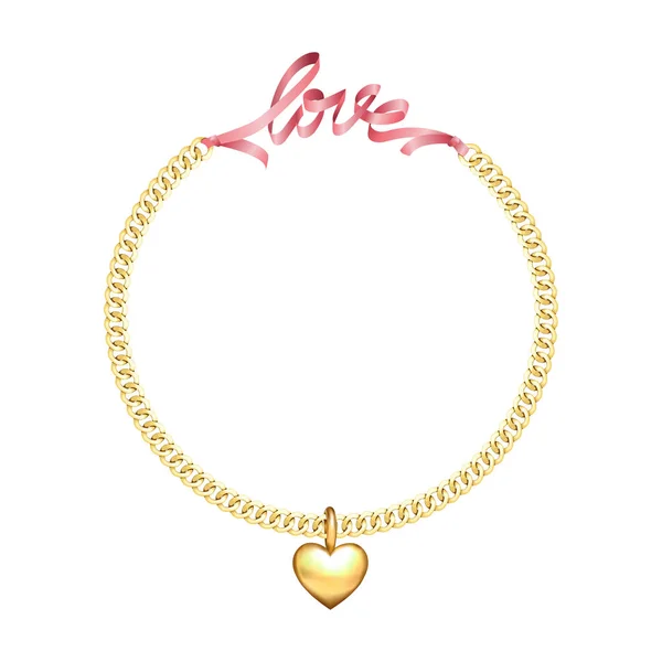 Love Fashion Print Gold Chain Heart Pink Ribbon Velentines Wedding — Stock Vector