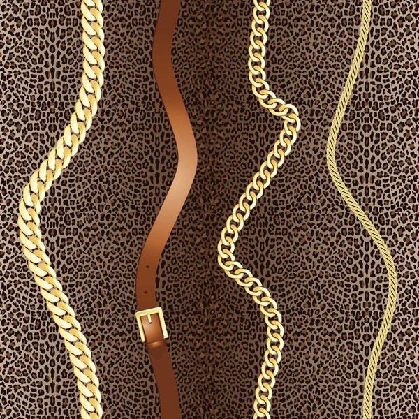 Золотые Цепи Вертикальный Бесшовный Рисунок Леопардовом Фоне Мода Роскошный Золотой — стоковый вектор