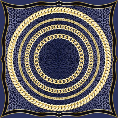 Golden round chains seamless pattern on blue leopard background. Fashion luxury gold and animal background with jewelry for textile prints, wallpapers, wrapping, silk shawls.