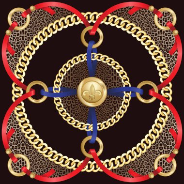 Golden round chains and ribbon medalion pattern with leopard print. Fashion luxury gold and animal background with jewelry for textile prints, wallpapers, wrapping, silk shawls, tiles.