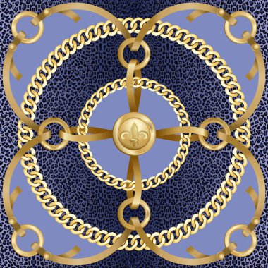 Yuvarlak zincirler ve şerit seamless modeli mavi leopar zemin üzerine altın. Tekstil baskı, duvar kağıtları, sarma, ipek şallar, fayans için takı ile moda Lüks altın ve hayvan arka plan.