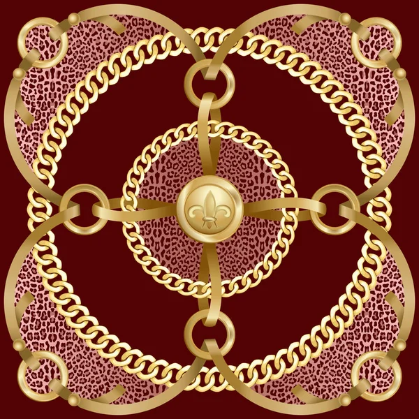 Χρυσές Αλυσίδες Γύρο Και Κορδέλα Medalion Μοτίβο Ροζ Λεοπάρδαλη Εκτύπωσης — Διανυσματικό Αρχείο