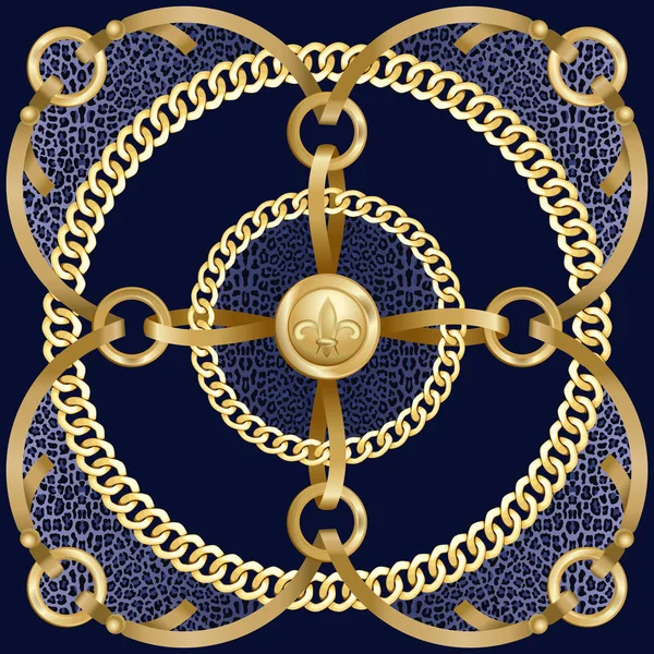Χρυσές Αλυσίδες Γύρο Και Κορδέλα Medalion Μοτίβο Μπλε Λεοπάρδαλη Εκτύπωσης — Διανυσματικό Αρχείο