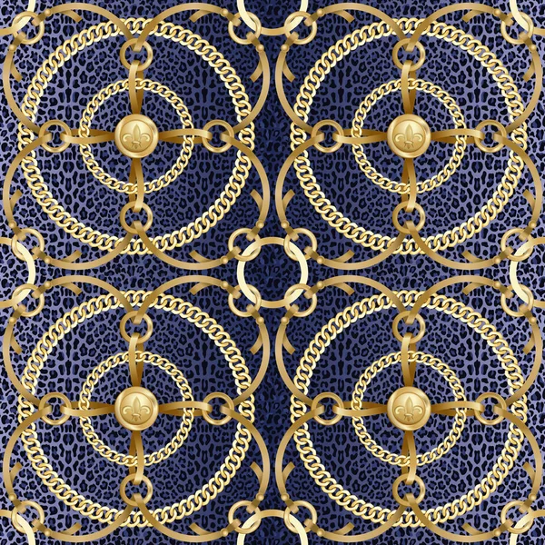 Goldene Runde Ketten Und Nahtloses Muster Auf Blauem Leopardenhintergrund Mode — Stockvektor