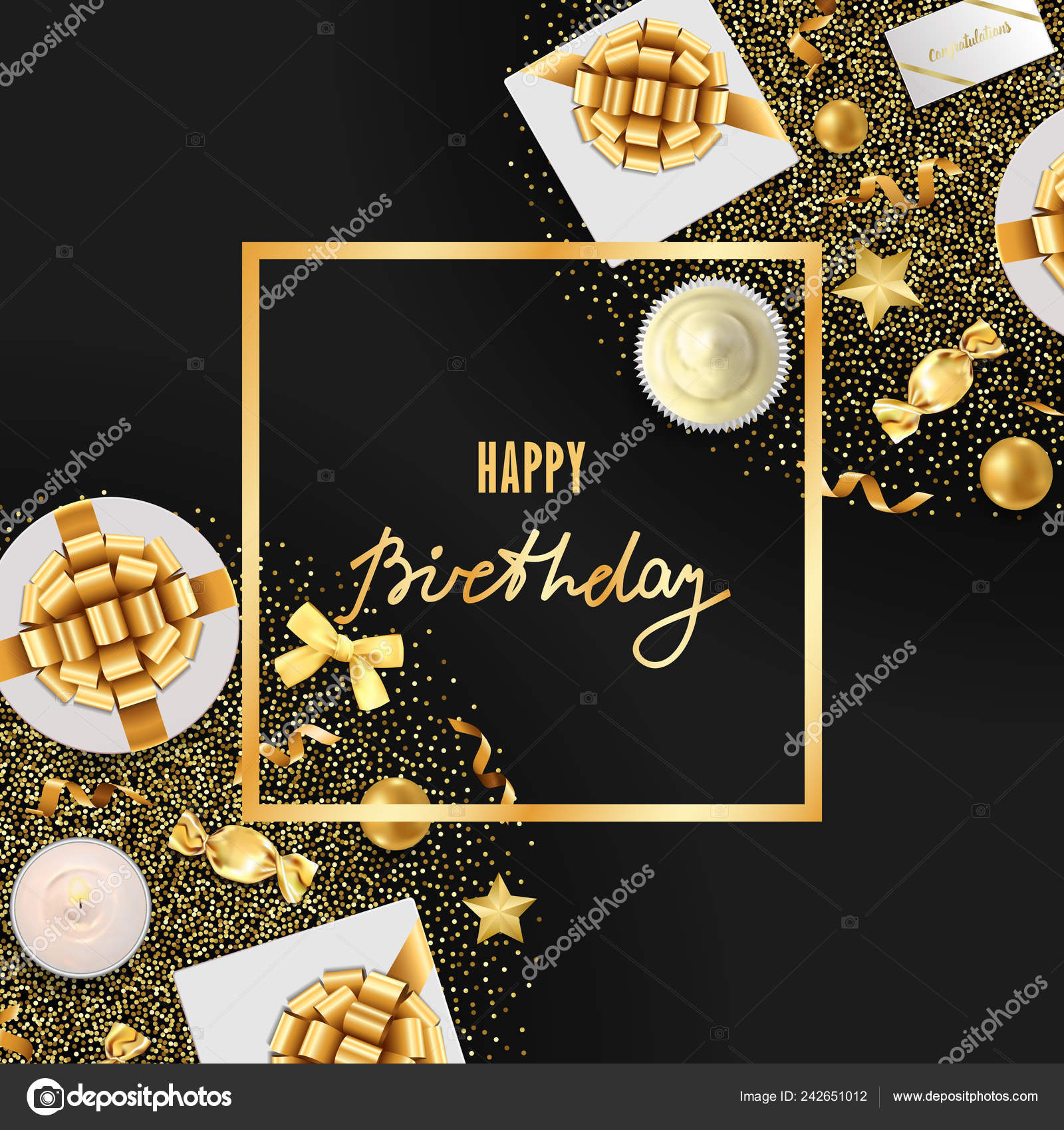 Happy Birthday Greeting Card Top View Gold Festive Items Black Stock Vector Image By C Kronalux Happy Birthday Greeting Card Top View Gold Festive Items Black Stock Vector Image By C Kronalux