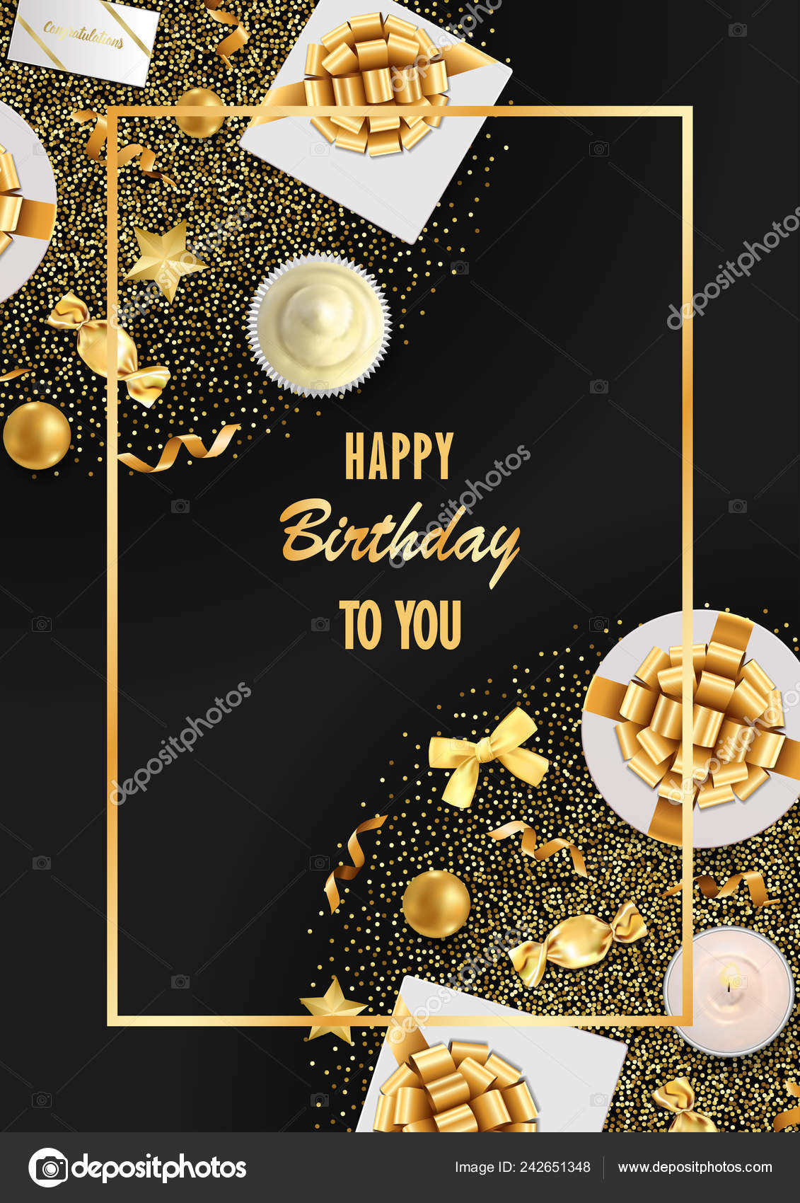 Happy Birthday Greeting Card Top View Gold Festive Items Black Stock Vector  Image by ©KronaLux #242651348