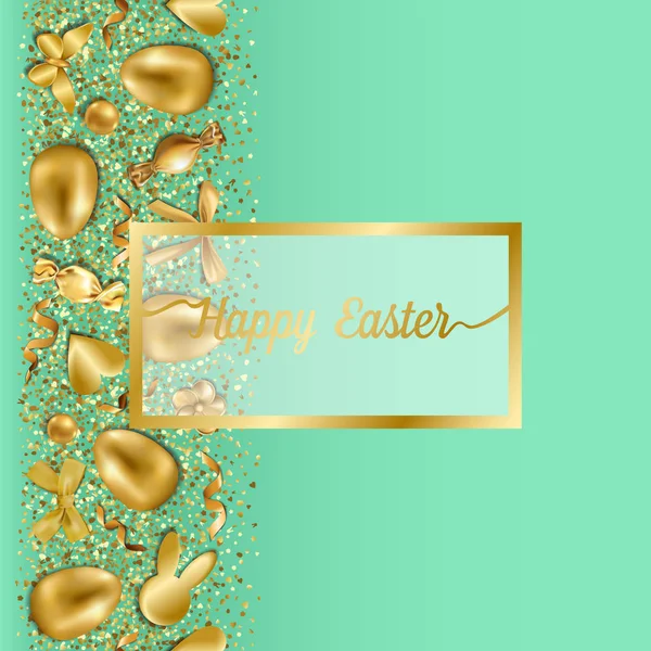 Happy Easter Greeting Card Golden Easter Objects Glitter Green Background — Stock Vector