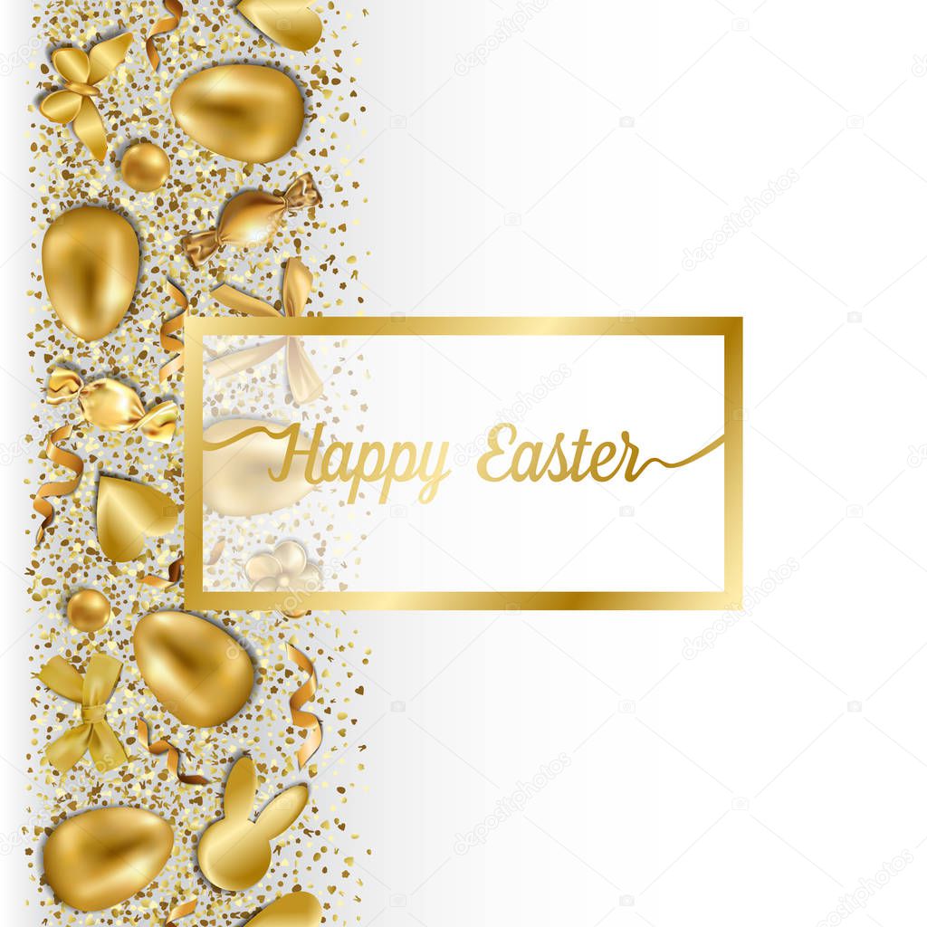 Happy Easter greeting card with golden easter objects and glitter on white background. Luxury holliday postcard, template with text place.