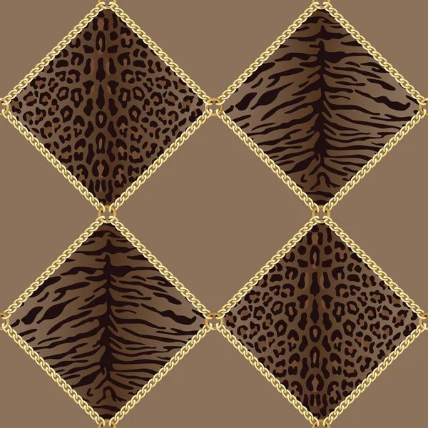 Goldene Ketten mit nahtlosem Muster mit Leoparden- und Tiger-Prints. — Stockvektor